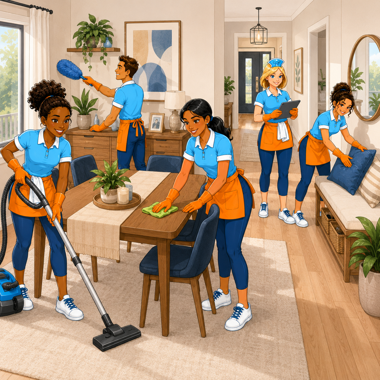 Regular Home Cleaning: Superkleen team providing regular home cleaning in a modern dining and entry area.