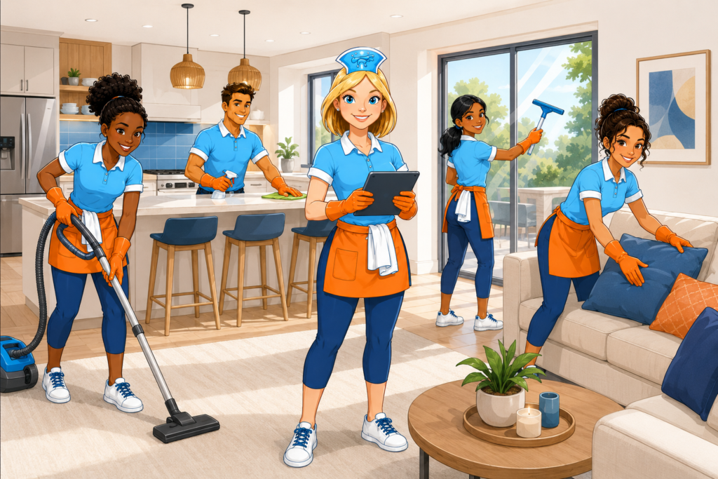 Supervised South African cleaning team working efficiently in a modern home illustration.