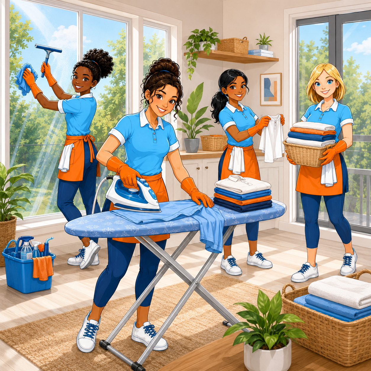 Window Cleaning & Ironing: Superkleen cleaners washing windows, ironing clothes and folding household laundry.